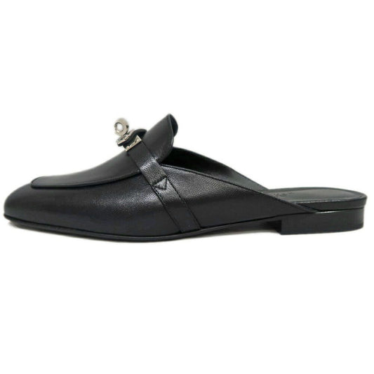 Hermes Oz Mule 38 Black Silver Leather Shoes