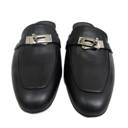 Hermes Oz Mule 38 Black Silver Leather Shoes — view 3