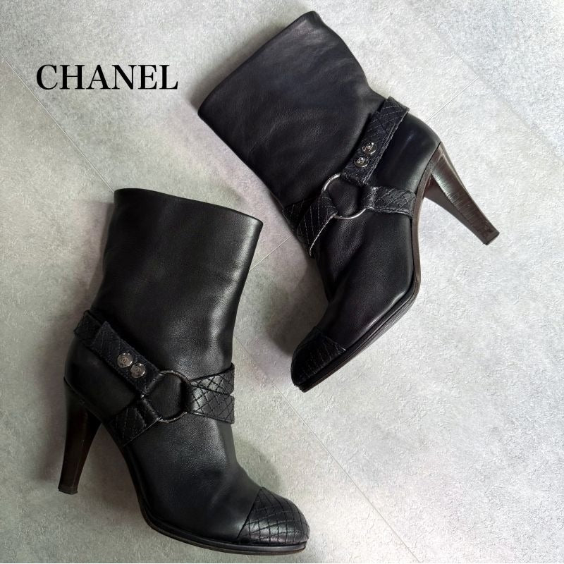 Chanel Quilted Leather Belt Boots Coco Mark Medium Length Black 37 C