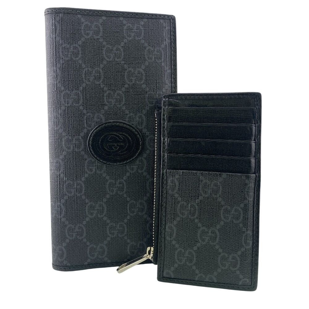 Gucci 2 Piece Set Long Billfold Fragment Case GG Supreme Leather Black Wallet