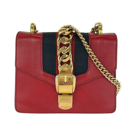 Gucci Sylvie Red Gold Hardware Leather Shoulder Bag Chain