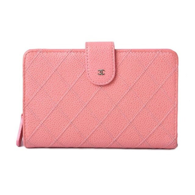 Chanel Wallet 2 Fold Leather Quilted Stitching Rose Silver