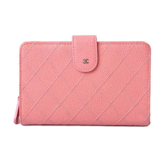 Chanel Wallet 2 Fold Leather Quilted Stitching Rose Silver
