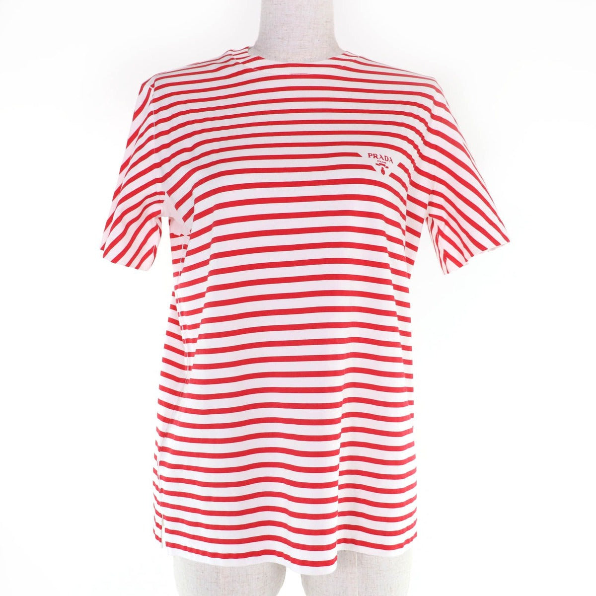 Prada Cotton Triangle Logo Border Pattern Short Sleeve T-Shirt Red White XS