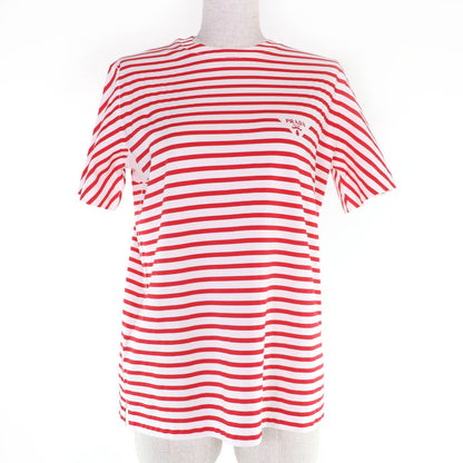 Prada Cotton Triangle Logo Border Pattern Short Sleeve T-Shirt Red White XS