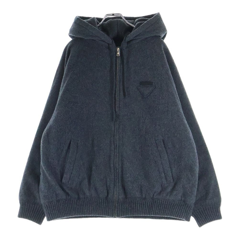 Prada Triangle Logo Cashmere Blend Virgin Wool Zip Up Hooded Jacket Gray
