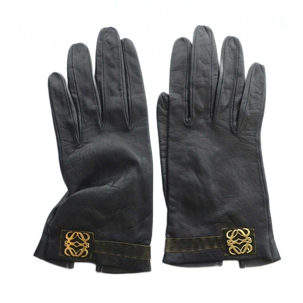 Loewe Gloves Leather Anagram Logo Gold 6.5 Black