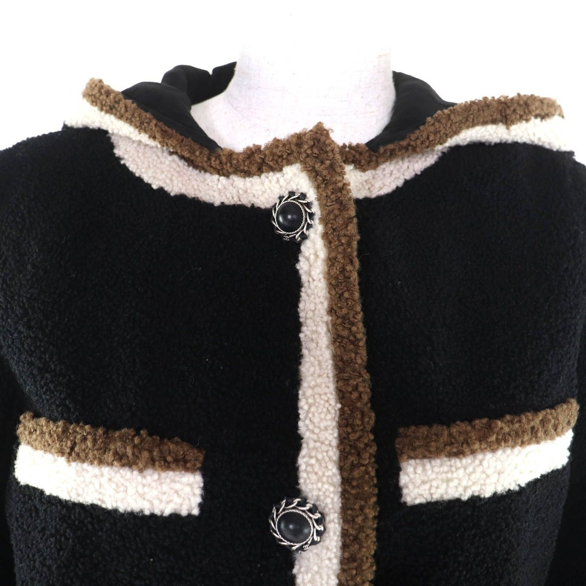 Chanel Lining Silk CC Logo Chain Button Hooded Mouton Coat Black — view 4