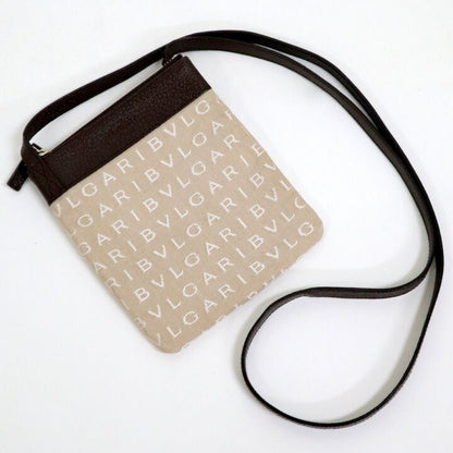 Bvlgari Shoulder Bag Logomania Beige Brown Canvas Leather X