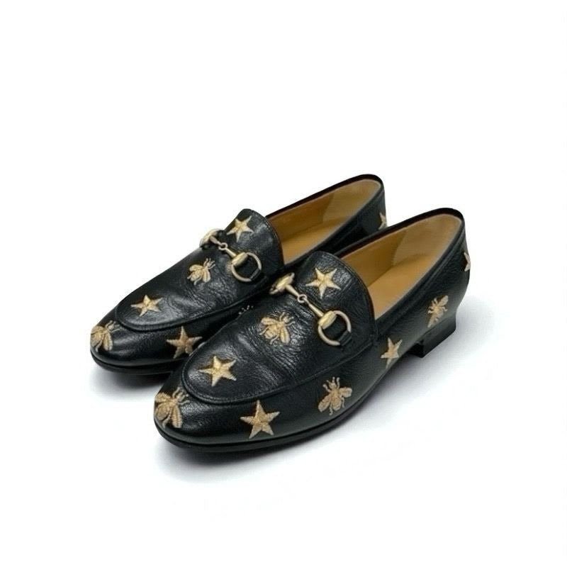 Gucci Loafer Leather Shoes Black Gold Horsebit Star Bee Embroidery