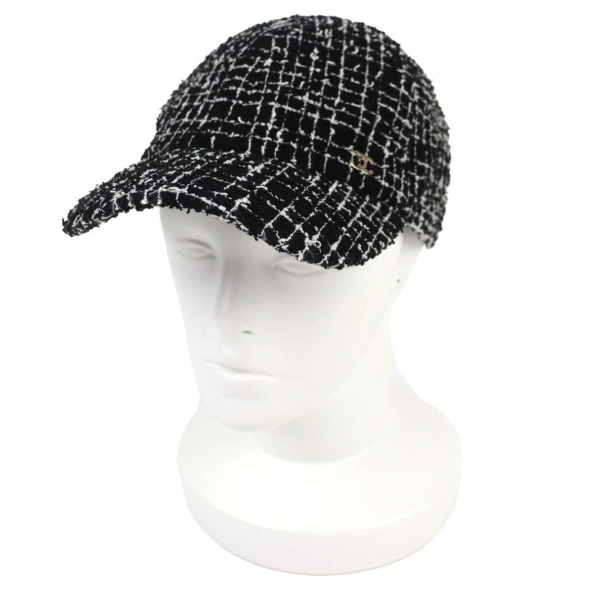 Chanel CC Logo Tweed Baseball Cap Hat Black White Gold