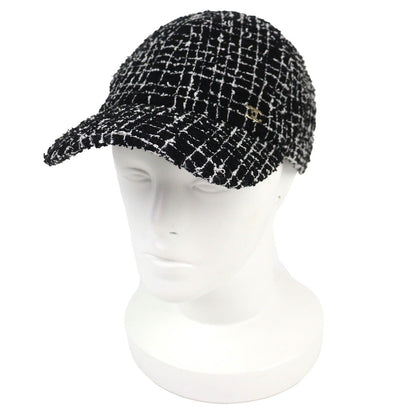 Chanel CC Logo Tweed Baseball Cap Hat Black White Gold