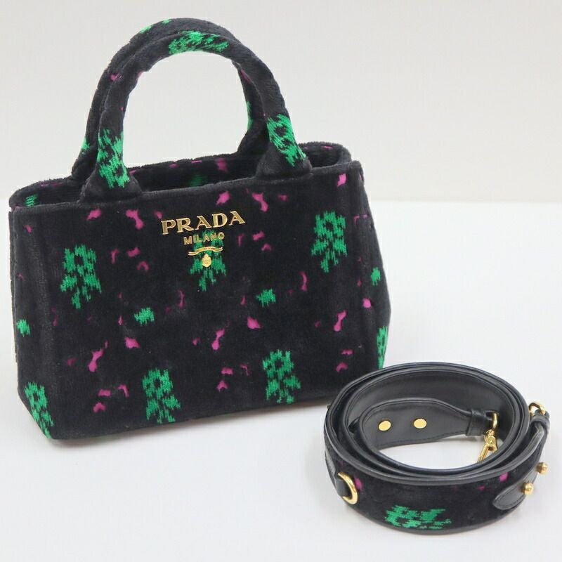 Prada Canapa Mini Tote Black Pink Green Gold Velour Leather