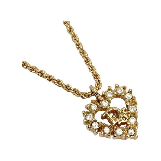 Christian Dior Logo Heart Rhinestone Necklace Gold GP