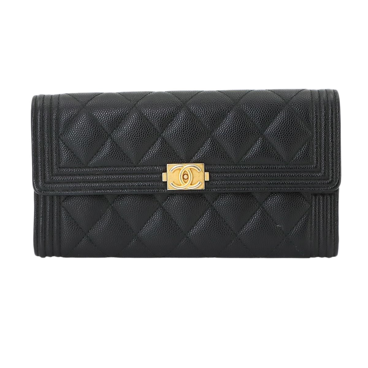 Chanel Boy Quilted Bifold Wallet Caviar Leather Black Gold