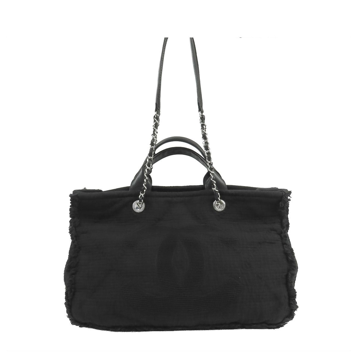 Chanel Tote Bag Black Silver Canvas Leather Large Shopping 2-Way CC Logo Fringe