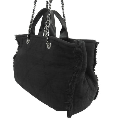 Chanel Tote Bag Black Silver Canvas Leather Large Shopping 2-Way CC Logo Fringe — view 2