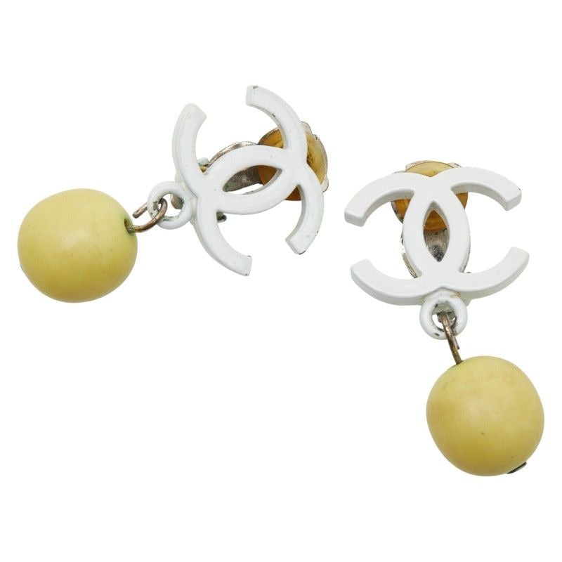 Chanel Coco Mark Earrings Swing White Yellow Plastic