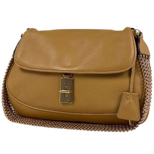 Prada Logo Chain Shoulder Bag Leather Camel