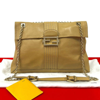 Fendi FF Logo Motif Leather 2-Way Chain Shoulder Bag Tote Beige