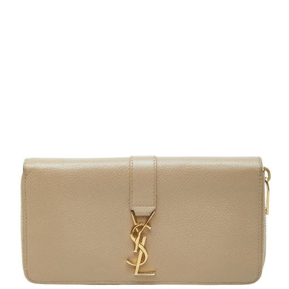 Saint Laurent YSL Logo Round Zip Wallet Beige Leather