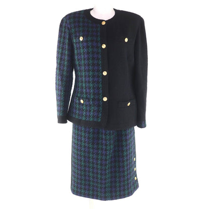 Chanel Vintage Wool 100% CC Logo Button Tweed Jacket Skirt Suit Black Green