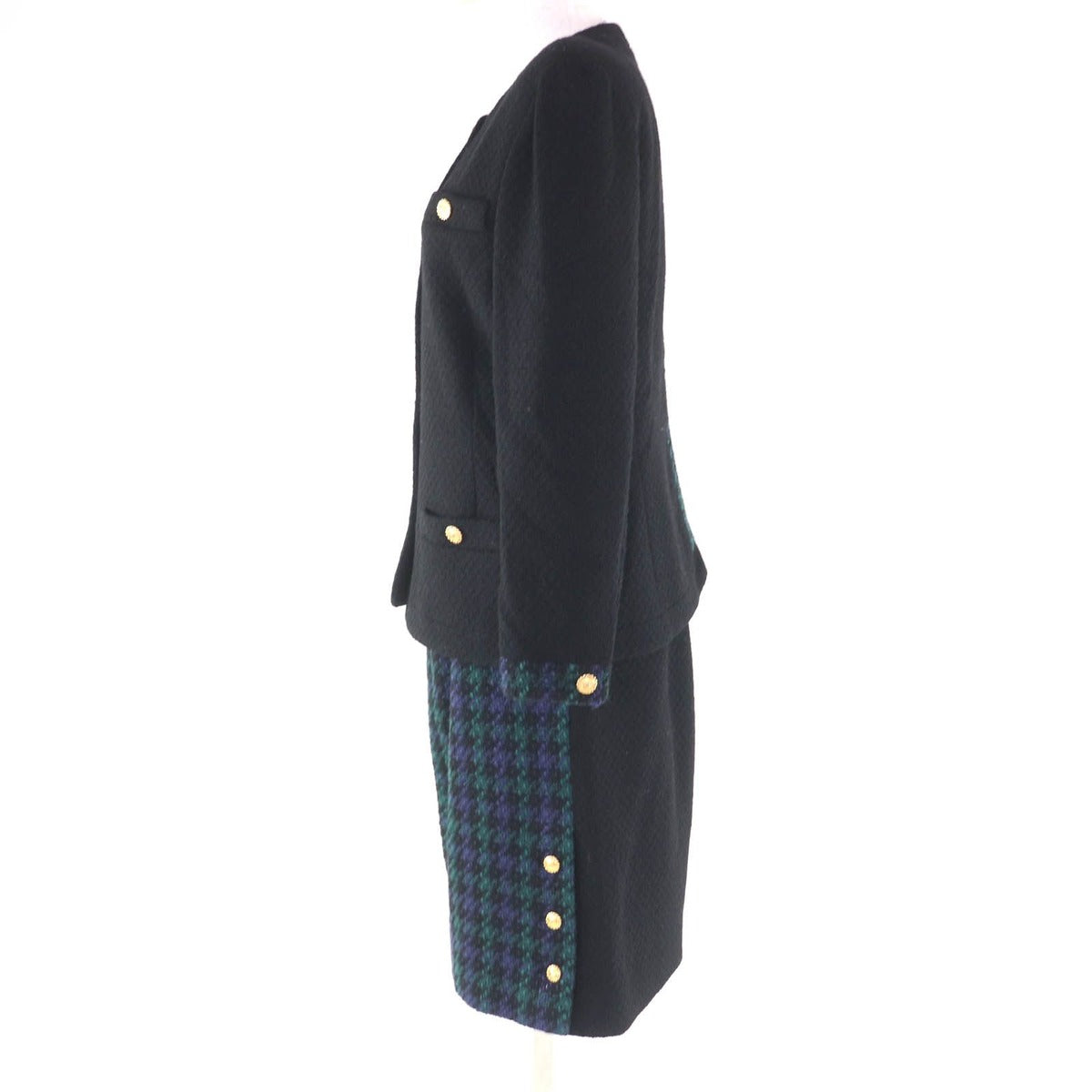Chanel Vintage Wool 100% CC Logo Button Tweed Jacket Skirt Suit Black Green — view 2