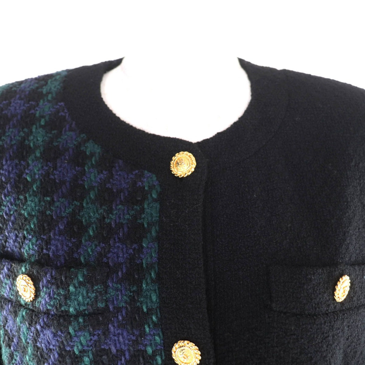 Chanel Vintage Wool 100% CC Logo Button Tweed Jacket Skirt Suit Black Green — view 4