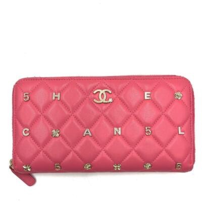 Chanel Chanel Pink Lambskin Rhinestone Quilted Long Wallet Lucky Charm Camellia