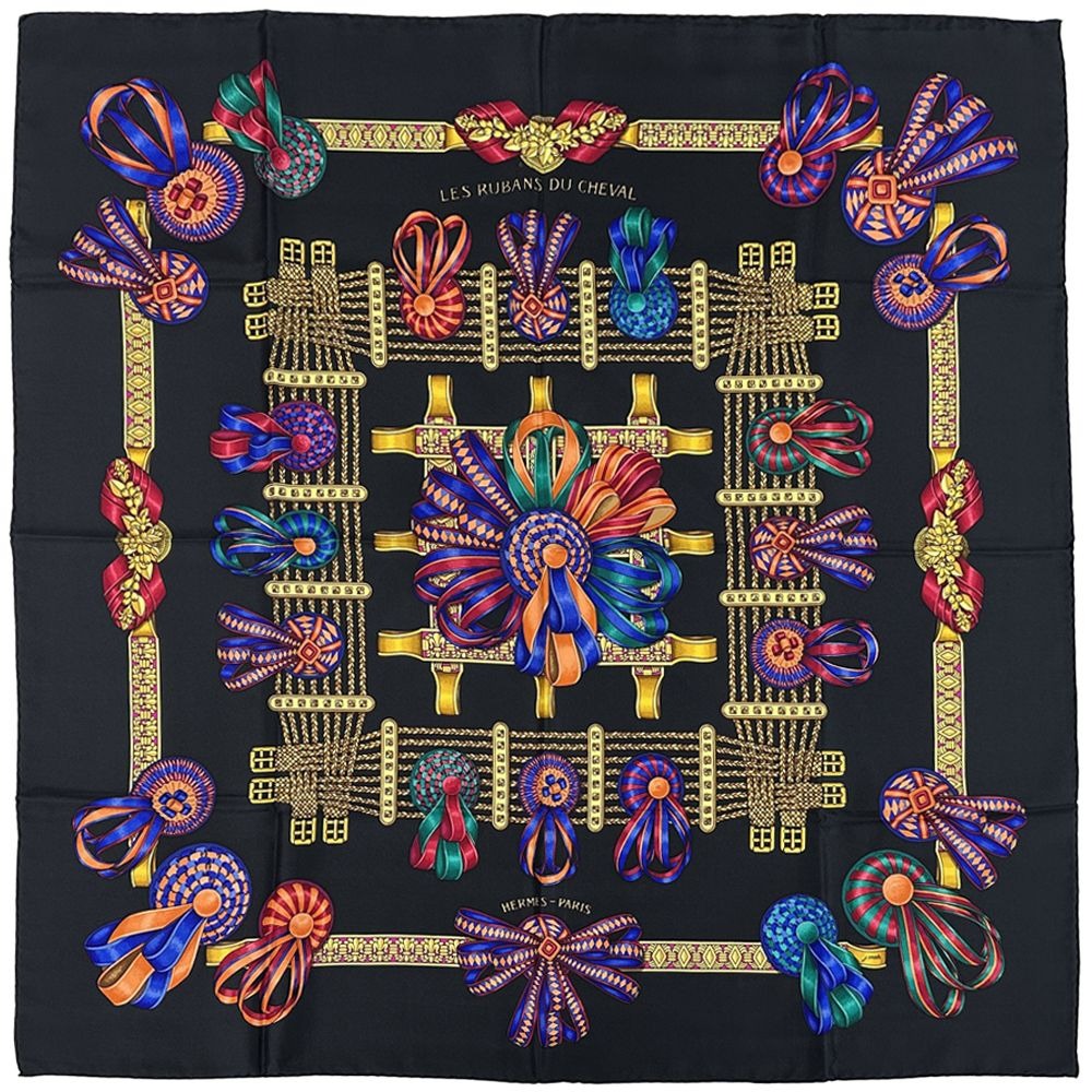 Hermes Scarf Carre 90 les Rubans Du Cheval Horse Ribbon Silk Black