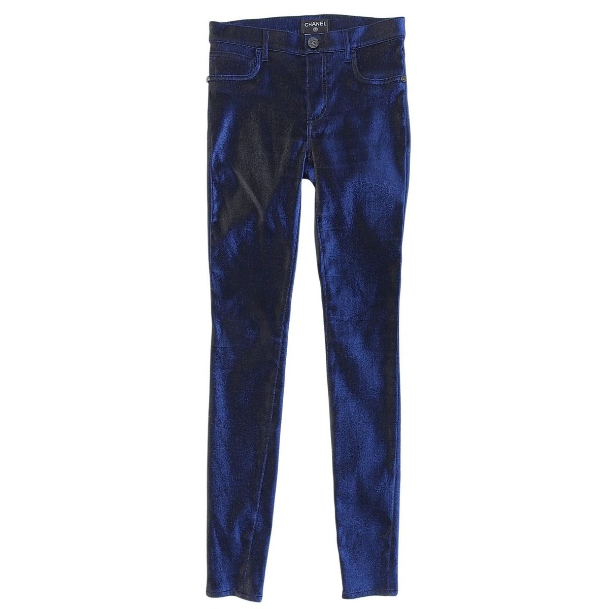 Chanel Cotton CC Logo Button Glossy Skinny Pants Blue Black 34