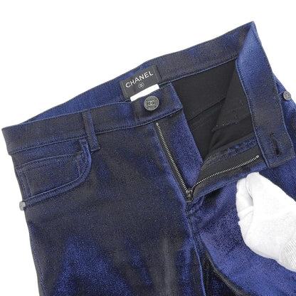 Chanel Cotton CC Logo Button Glossy Skinny Pants Blue Black 34 — view 3