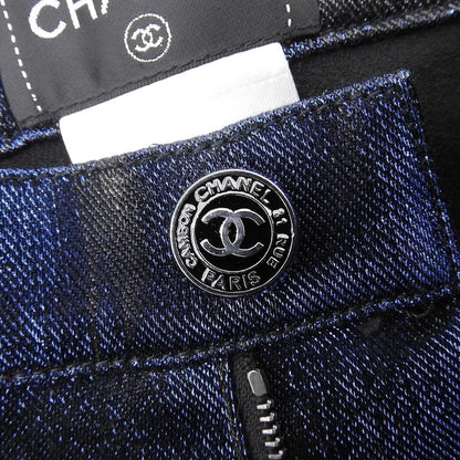 Chanel Cotton CC Logo Button Glossy Skinny Pants Blue Black 34 — view 4