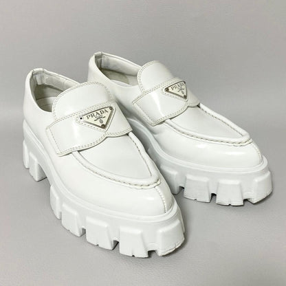 Prada Monolith Brushed Leather Loafers 36 White