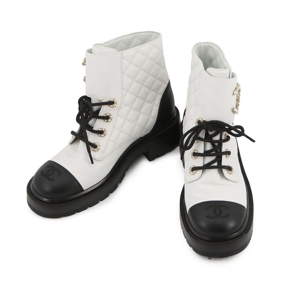 Chanel Short Boots Quilted CC Logo Leather C White Black 36.5
