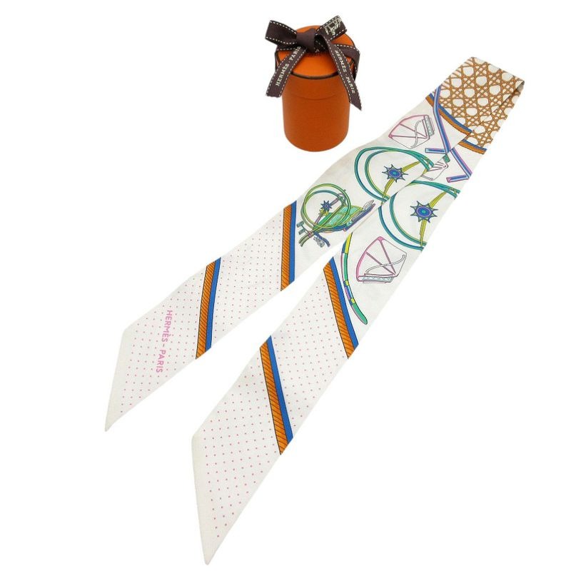 Hermes Twilly Folding Covered Wagon Scarf Silk White Orange Veil 0171