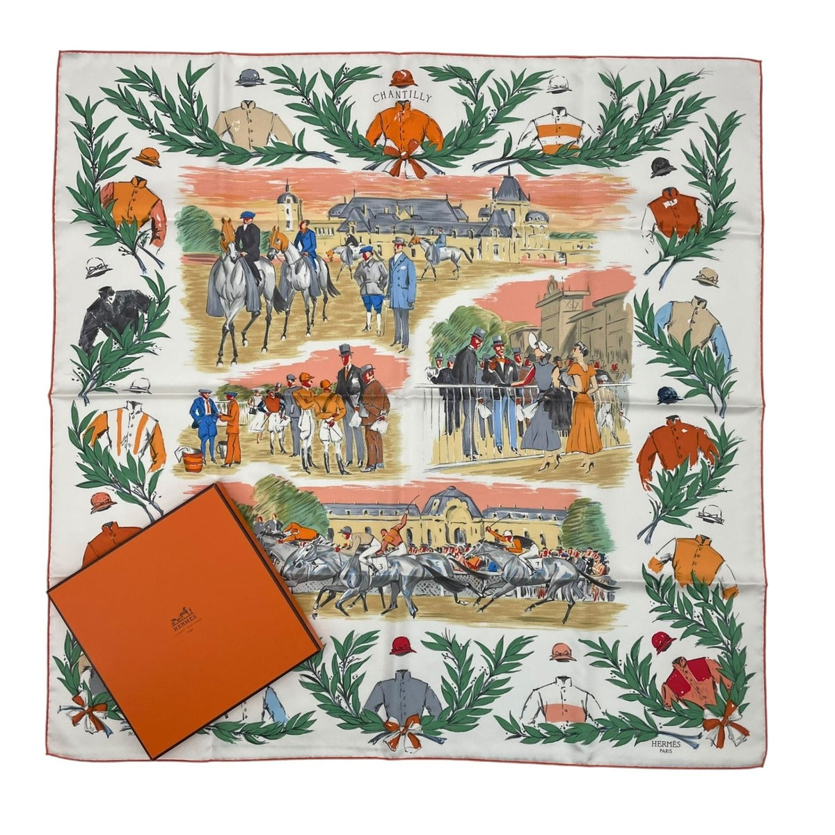 Hermes Carre 90 Scarf Silk Chantilly Racecourse White Box