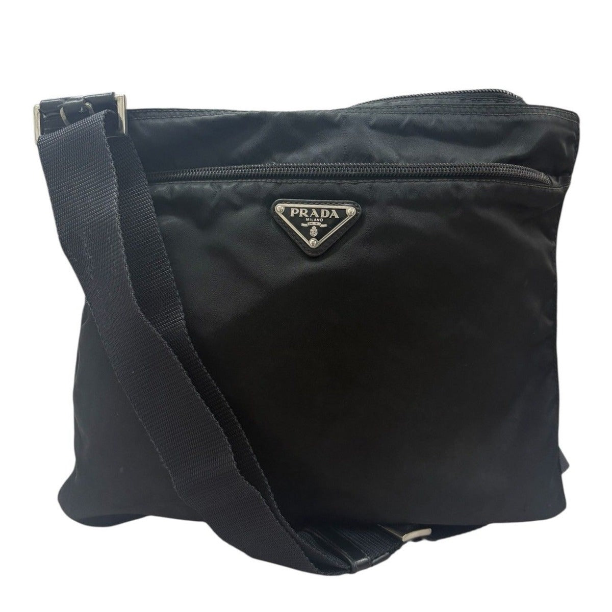 Prada Tessuto Triangle Logo Black Silver Nylon Shoulder Bag