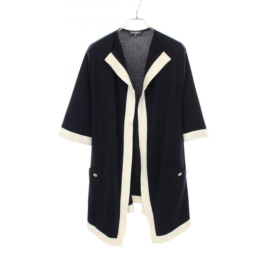 Chanel Cardigan CC Logo Button Long Cashmere Navy. White