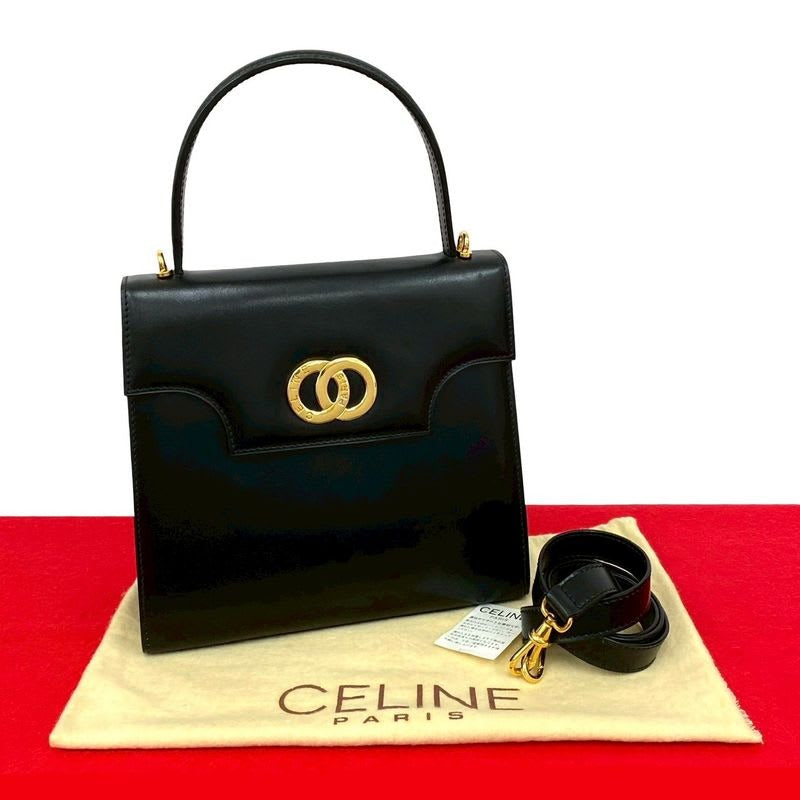 Celine Vintage Circle Logo Hardware Leather 2-Way Shoulder Bag Black