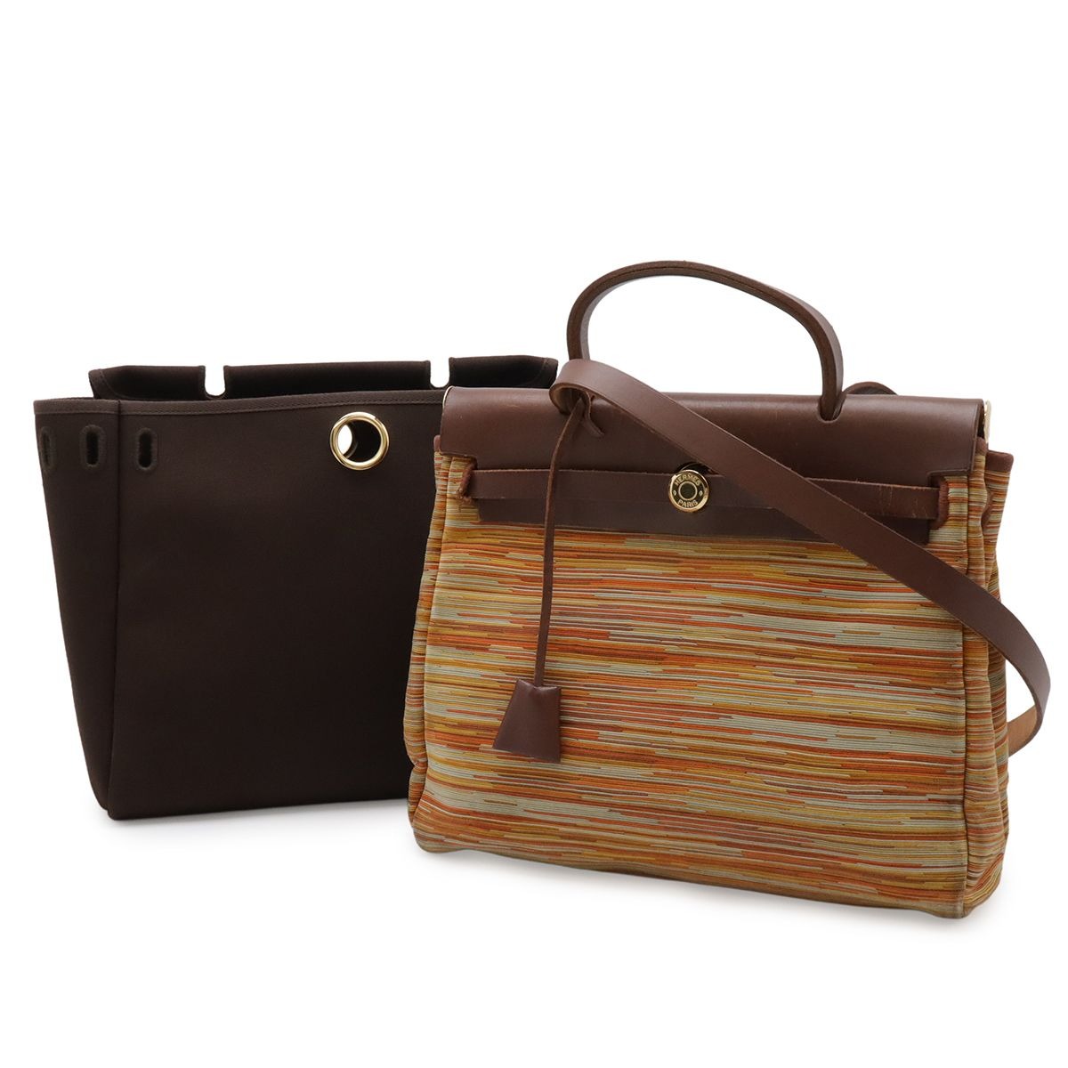 Hermes Herbag a Dos PM Shoulder Bag 2-Way Vache Leather Havana Orange Multicolor