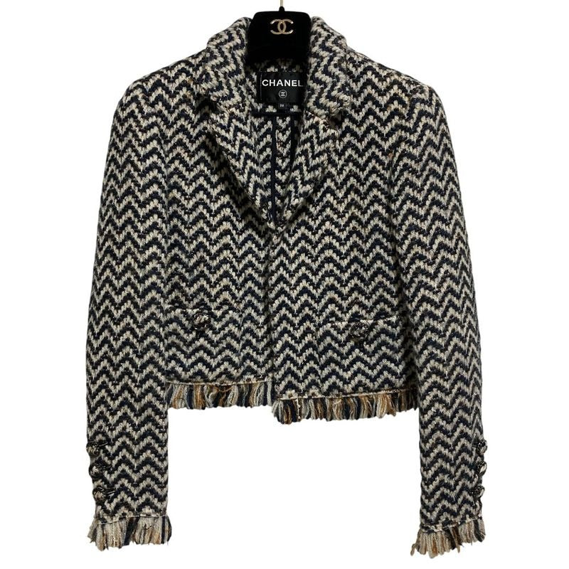 Chanel Chevron Fringe Cropped Tweed Jacket Size 38 Navy Off White