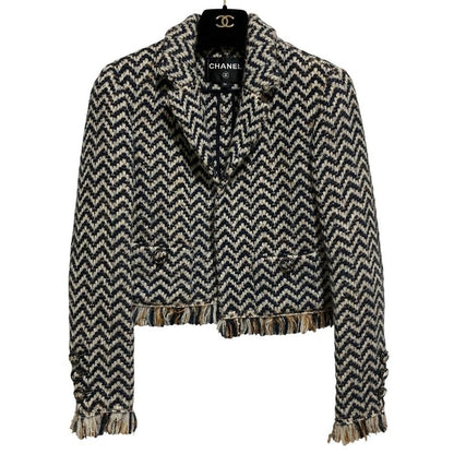 Chanel Chevron Fringe Cropped Tweed Jacket Size 38 Navy Off White