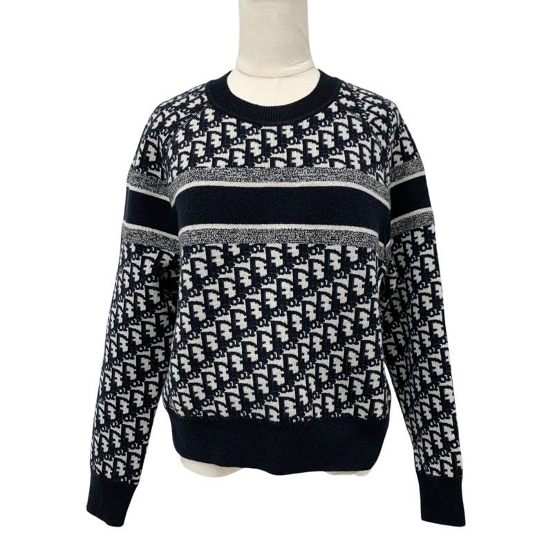 Christian Dior Top Cashmere Navy White Reversible Round Neck Sweater Oblique