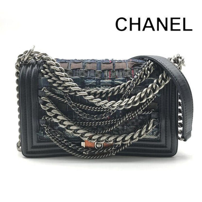 Chanel Unshaded Chain Shoulder Bag Denim Tweed Navy