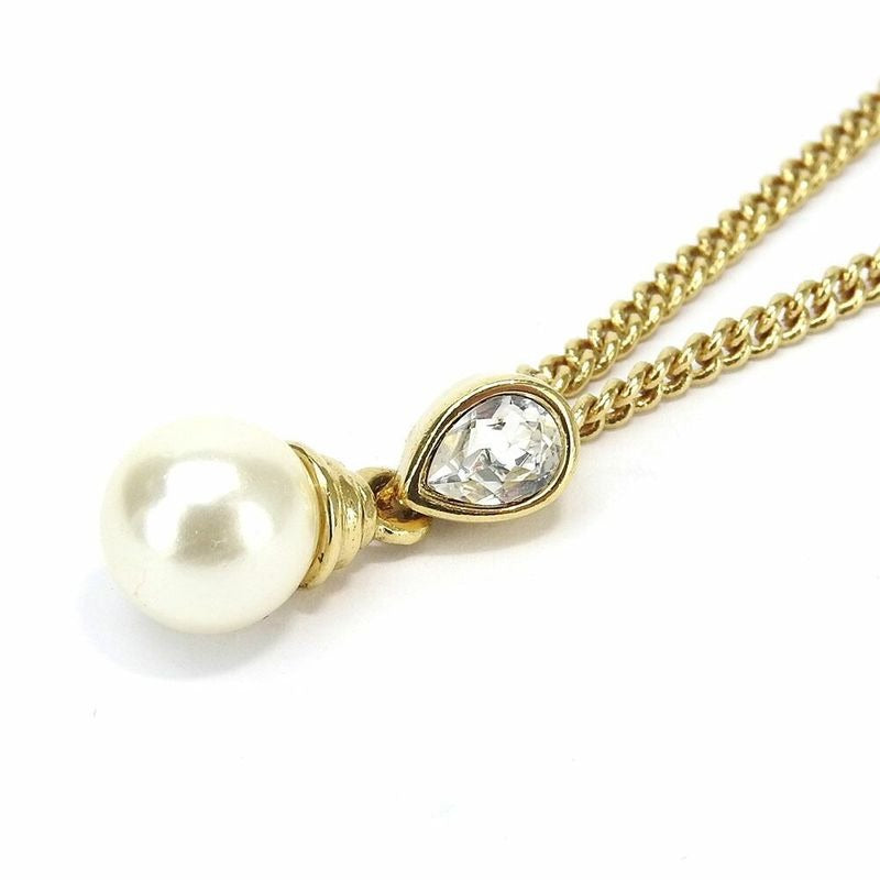 Christian Dior Necklace Faux Pearl Stone Gold GP Plated Jewelry Accessories
