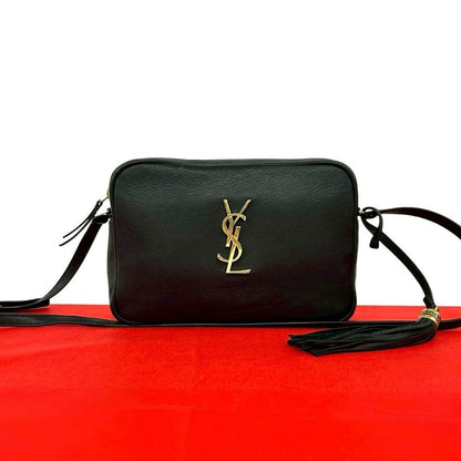 Saint Laurent Paris YSL Logo Leather Tassel Mini Shoulder Bag Pochette Black