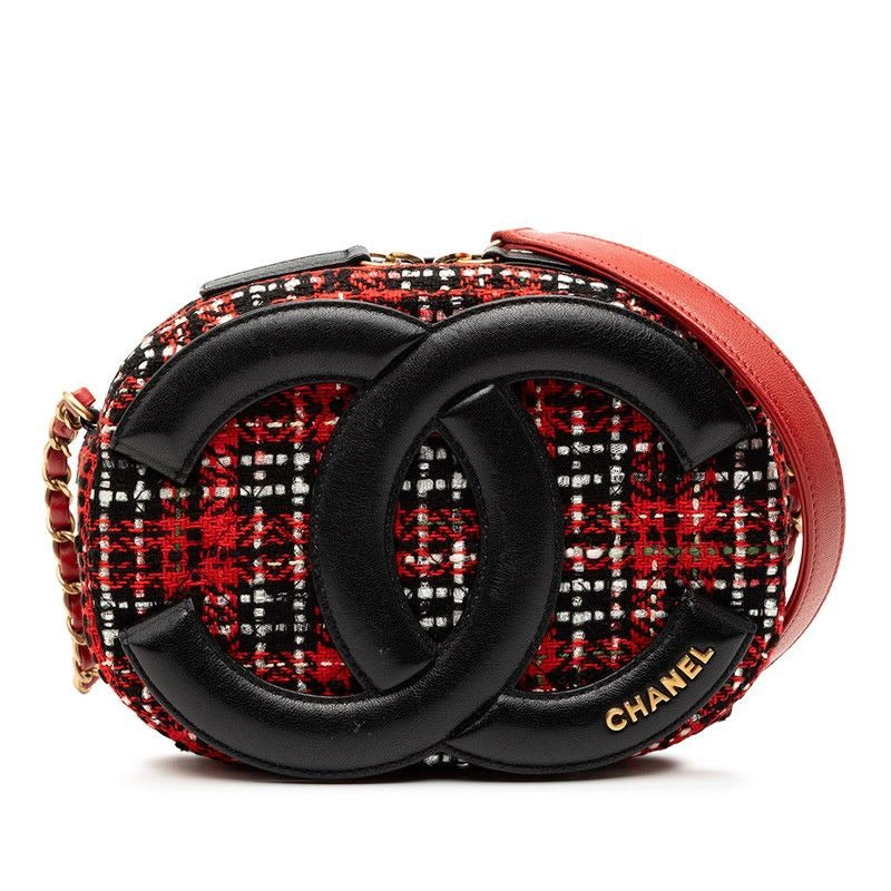 Chanel Chain Shoulder Bag Red Black Tweed Leather
