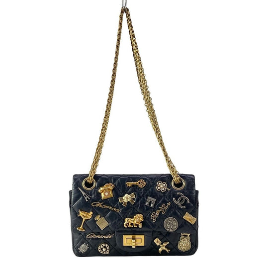 Chanel Shoulder Bag 2.55 Double Flap Quilted Icon Charm Black Gold Silver