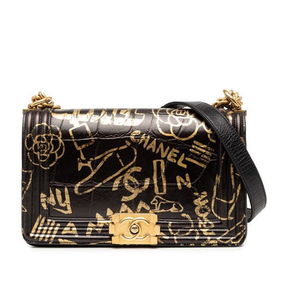 Chanel Beautiful Croco Shape Push Chain Shoulder Bag Black Gold Leather